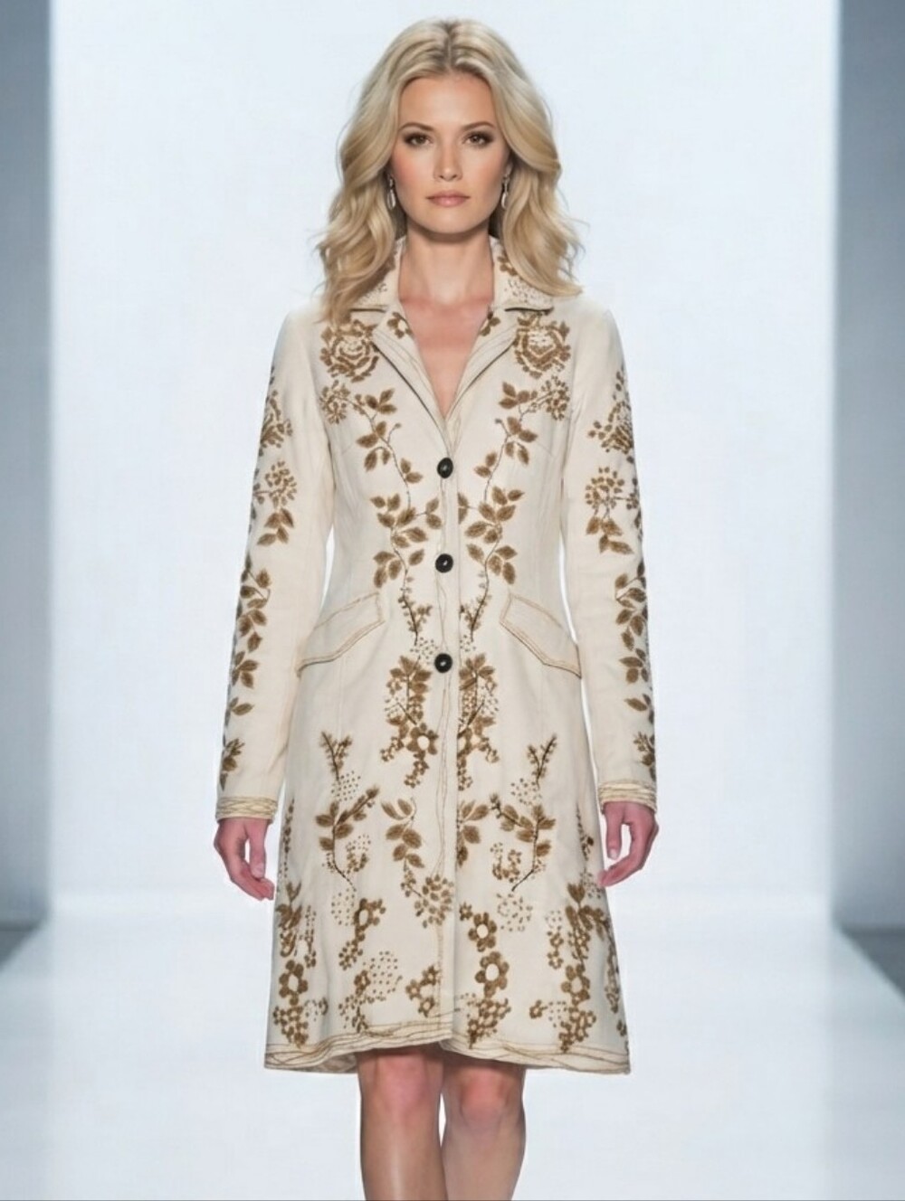 COMO NO? Cream Floral Embroidered Long Trench Coat Jacket Size S Boho Whimsigoth